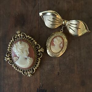 Elegant Gold and Cream Cameo Brooch Set